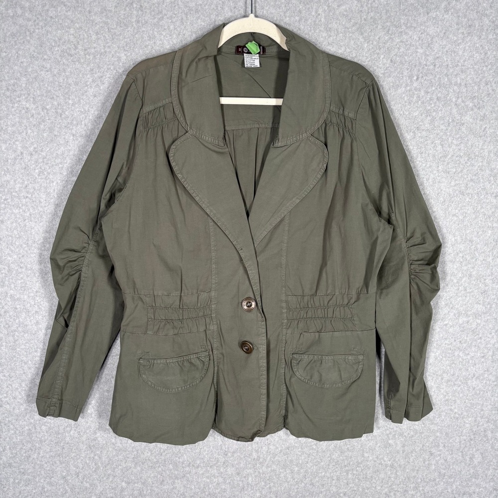 XCVI Utility Blazer Jacket 1X Olive Army Green Cotton Stretch Ruched Sleeve